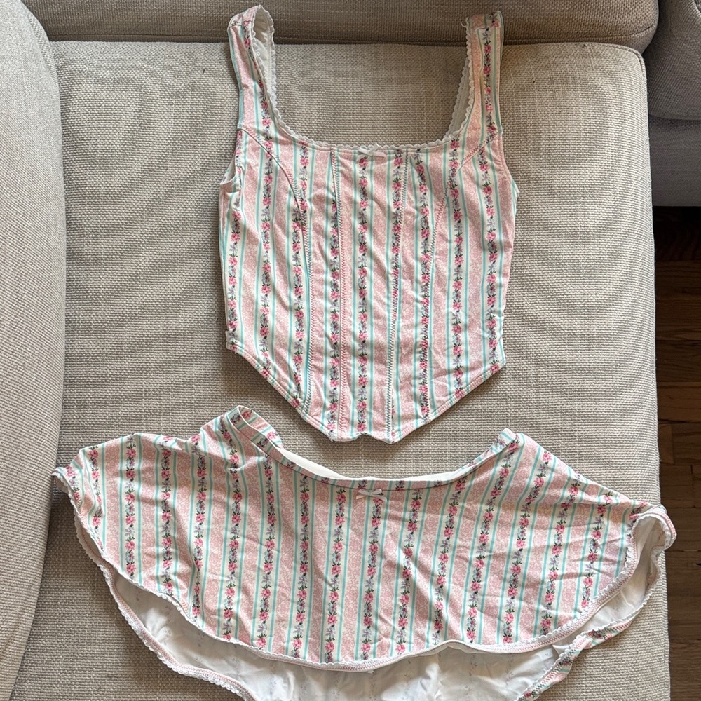 Frankie's Bikinis Floral Striped Swim Set - Pink and White